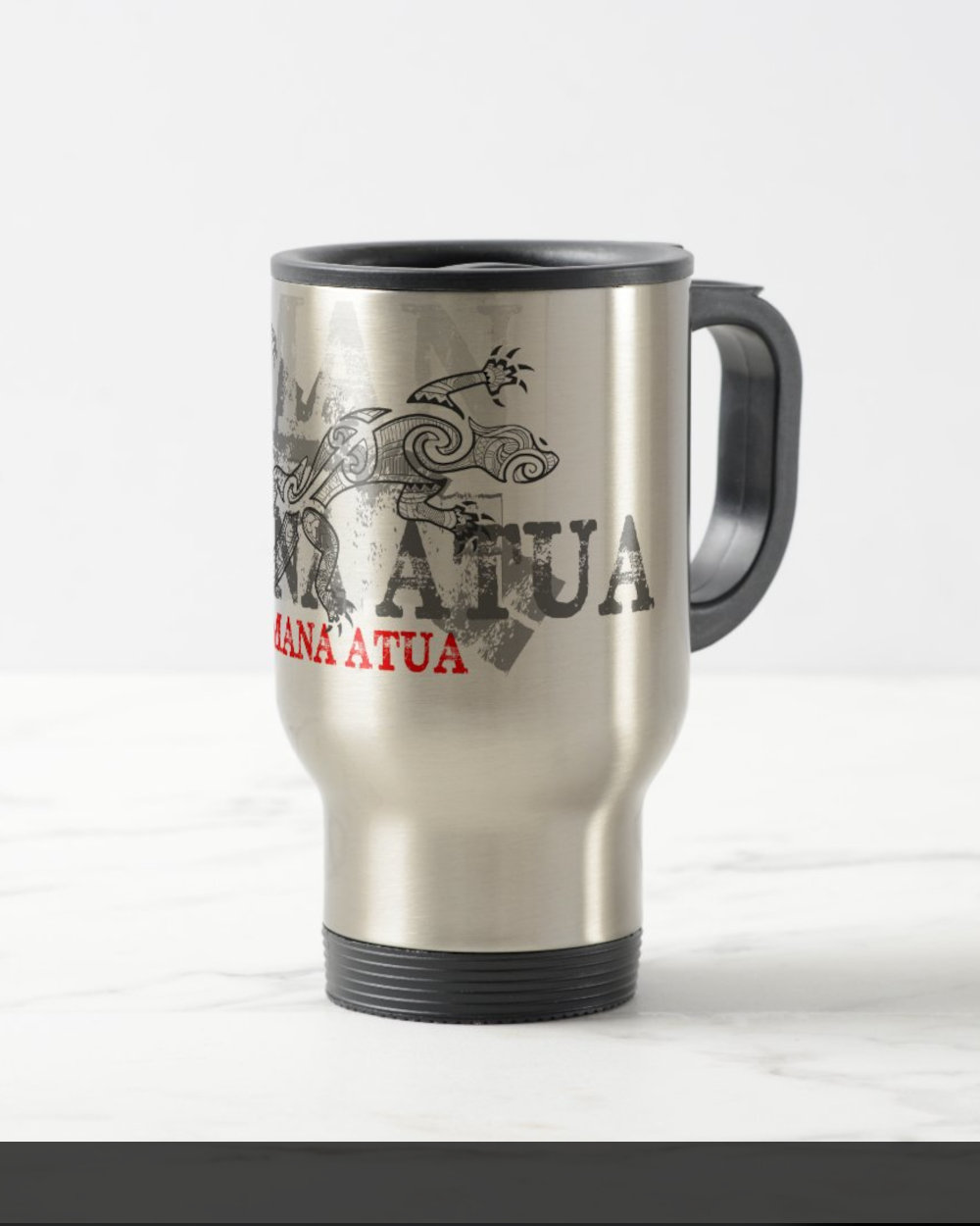 Mana Atua travel coffee tea mug with tribal maori lizard tattoo