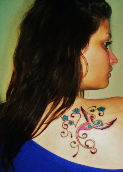 Stefania - Sparrow and flowers: inked placement tattoo photo thumbnail
